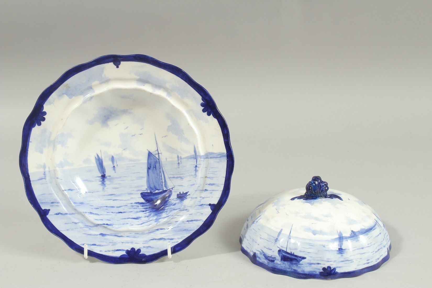 A ROYAL CROWN DERBY MUFFIN DISH AND COVER painted with sailing vessels by W.E.J. DEAN. - Image 3 of 6