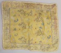AN IMPERIAL CHINESE YELLOW THROWN CUSHION. 17ins x 17ins.
