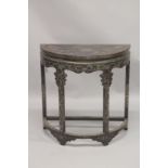 A CHINESE BLACK LACQUER AND GILT DECORATED DEMI-LUNE CONSOLE TABLE decorated with a river and