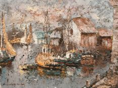 R. Lindstrom, Scandinavian School, fishing boats moored near boathouses, oil on canvas, signed,