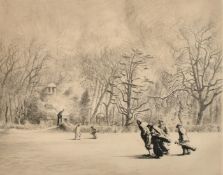 John Cameron, 'A Stormy Day at Ranelagh', figures on a golf course, etching, signed in pencil, plate