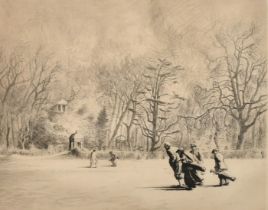 John Cameron, 'A Stormy Day at Ranelagh', figures on a golf course, etching, signed in pencil, plate