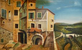 Ramalli, French School, Circa 1933, village buildings on a hillside, oil on panel, signed, 15" x 24"