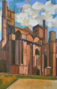 Jean Besnard, Circa 1970's, a scene of a cathedral in a city, oil on board, 48" x 31.5" (122 x