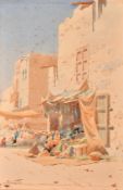 Augustus Osborne Lamplough (1877-1930), a view of figures in a market place, watercolour, signed,