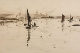 William Lionel Wyllie (1851-1931) Shipping near Rochester, engraving, signed in pencil, 8" x 12.
