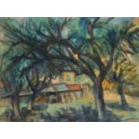 Mid-20th Century French School, a country house seen through trees, mostly watercolour, indistinctly