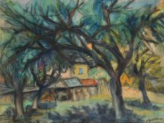 Mid-20th Century French School, a country house seen through trees, mostly watercolour, indistinctly