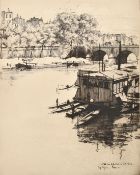 Eugene Bejot (1867-1931), houseboats in the River Seine, etching, signed in pencil, plate size, 11.