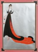 Erte (Romain de Tirtoff), a print of a lady in a flowing black and red dress, 21.75" x 15" (55 x