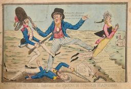 Early 19th Century Satirical print, 'John Bull Fighting the French Single Handed', hand coloured