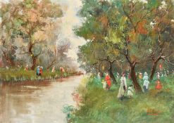 20th Century Continental School, Figures promenading on a riverside, oil on canvas, indistinctly