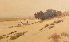 William Samuel Parkyn (1875-1949), cottage amongst dunes by an estuary, watercolour, signed, 11" x