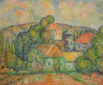 Manner of Georges Seurat, Buildings in a landscape, oil on canvas board, 21" x 25.5", (53.5x65cm).