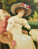 Herbert Blande Sparks (1870-1916), an elegant female in a flower adorned hat taking tea in a garden,