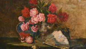 Mid-20th Century French School, a still life of flowers and a fan, oil on canvas, 24.5" x 42.5" (
