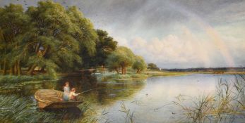 Charles James Lewis (1830-1892), children fishing from a boat amongst reeds with a double rainbow in
