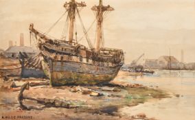 Arthur Wilde Parsons (1854-1931), boats beached in an estuary, watercolour, signed, 9.75" x 15.