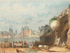 19th Century, French Revolution, a cannon emplacement across the river Seine, watercolour, 1.75" x