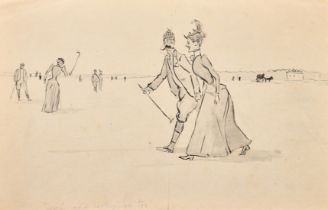 Early 20th Century, male and female figures possibly on a golf course, ink and wash, inscribed in