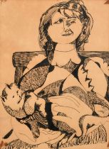 Epstein, Early 20th Century American School, ink study of a seated female figure holding a cat,