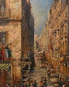 Carelli, late 19th Century, a Continental street scene with figures lining the streets, oil, signed,