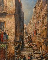 Carelli, late 19th Century, a Continental street scene with figures lining the streets, oil, signed,