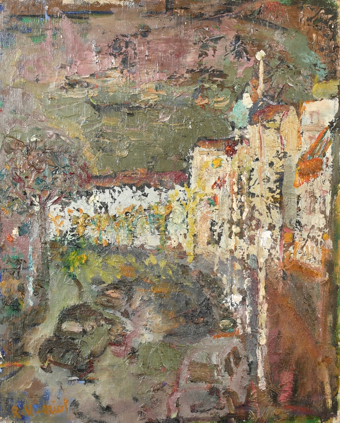 Rene Hamiot (20th Century French School), a view of buildings in a town, oil on canvas, signed,