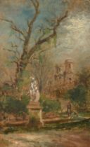 Late 19th Century Continental School, a study of figures in a formal park, oil on board, 16.5" x