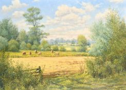 Mervyn Goode (b.1948) British, 'Old wooden gate and small fields, Wiltshire', A summer landscape