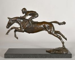 Priscilla Hann (b. 1943), a patinated bronze figure of a horse and jockey jumping, signed P. Hann,