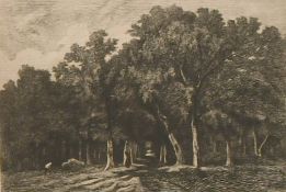A portfolio of thirteen Barbizon School etchings by or after Gustave Greux and others, unframed.