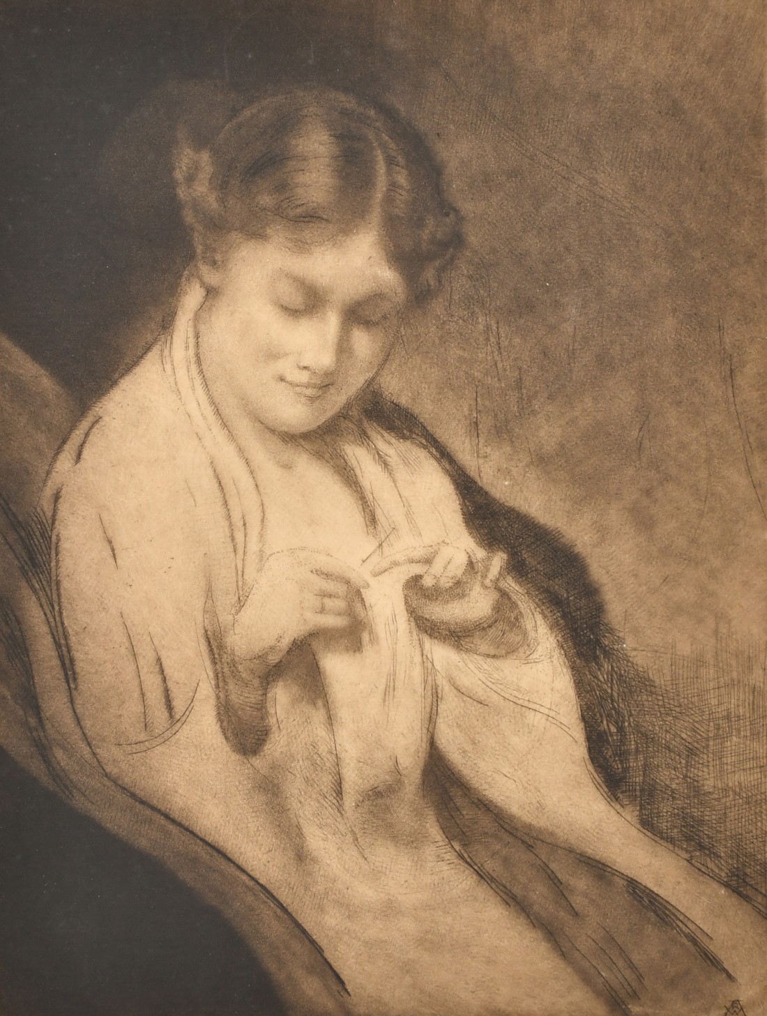 Robert Weir Allan (1852-1942) a study of a lady knitting, etching signed in pencil, plate size 9"