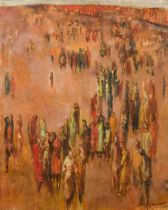 S. Menichet, Circa 1976, a gathering of figures in a landscape, oil on canvas, signed, 24" x 20" (61