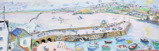 Linda Weir (b. 1951), boats in a harbour in St. Ives, oil on canvas, signed with initials, 15.75"