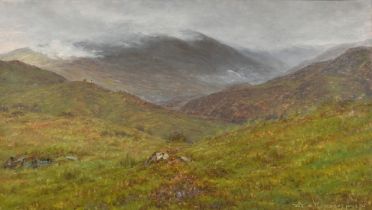 Late 19th Century School, a mountain scene with mist and cattle grazing, oil on card, indistinctly