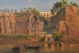 Circle of Girolamo Gianni, 19th Century, boats fishing by a shore with a white villa above, oil on