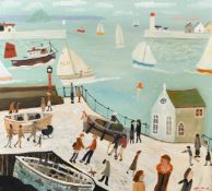 Alan Furneaux (b. 1953) British, Figures on a walkway next to the sea and sailing boats inside the