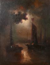 F. Toro, 20th Century, moored sailboats under moonlight, oil on canvas, signed, 32" x 25.5" ()81 x