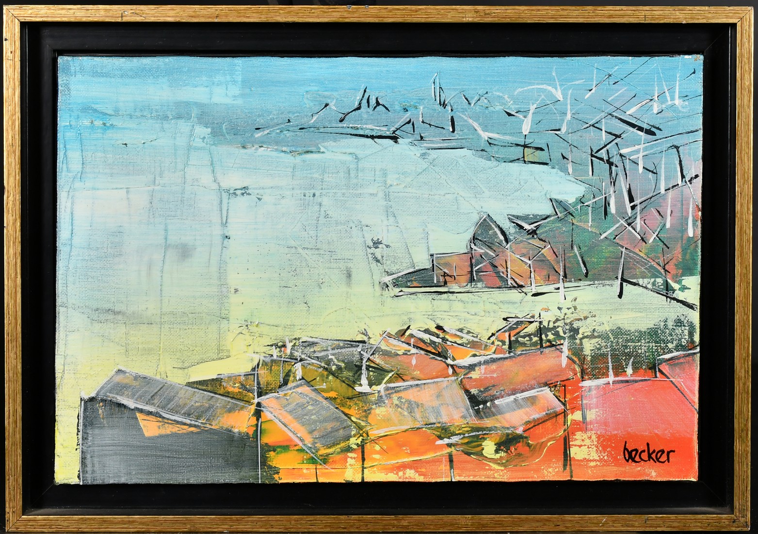 Becker, Continental School, Circa 1998, a semi-abstract coastal landscape, oil on canvas, signed, - Image 2 of 4