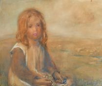 Robert Preston Macgowan (1855-1914), a young girl making daisy chains in an open landscape with