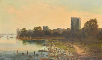 Stanley Larpont Allan (19th/20th Century), a riverbank view at dusk with a castle in the distance,