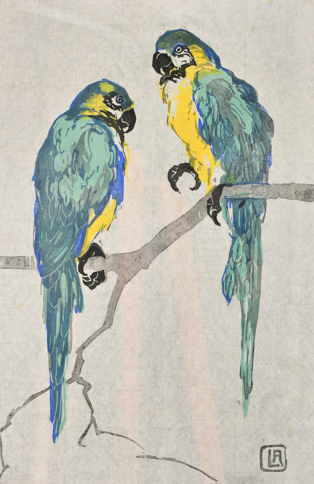 Karoline / Lina Ammer (1871-1935) German, two parrots, colour woodcut, signed and inscribed in