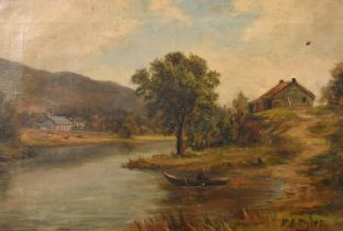 M.S. Myles, late 19th Century, a figure in a rowing boat with dwellings beyond, oil on canvas, 13" x