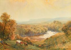 Robert Thorne Waite (1842-1935), cattle overlooking a mountain lake, watercolour, signed, 13.5" x
