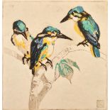 Karoline / Lina Ammer (1871-1935) German, woodpeckers, colour woodcut, signed and inscribed in