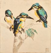 Karoline / Lina Ammer (1871-1935) German, woodpeckers, colour woodcut, signed and inscribed in