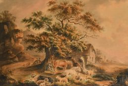Circle of Peter Le Cave, a farmer and his livestock resting in the shade of a tree, watercolour,
