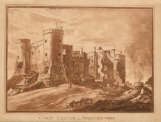 Paul Sandby, a pair of 18th Century sepia aquatints, 'Carey Castle, Pembrokeshire', and 'Pembroke
