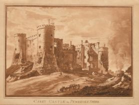 Paul Sandby, a pair of 18th Century sepia aquatints, 'Carey Castle, Pembrokeshire', and 'Pembroke